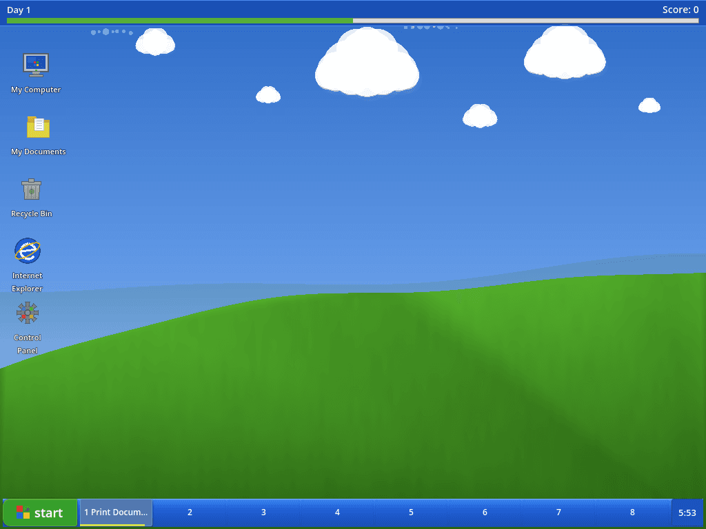 Doors XP Desktop mit Bliss-Wallpaper und Taskbar