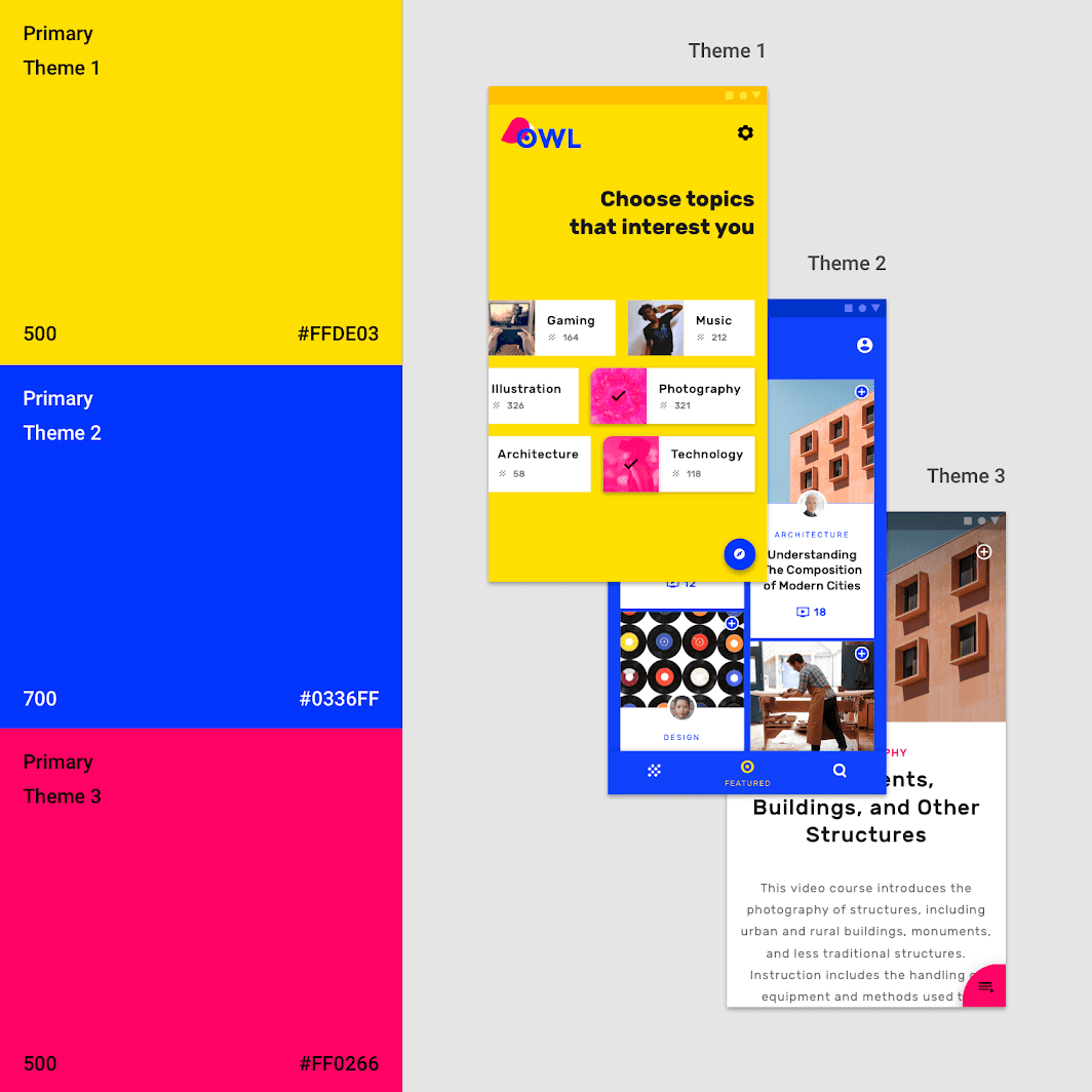 Diagramm, das zeigt, wie drei verschiedene Primärfarben drei unterschiedliche Theme-App-Screens erzeugen