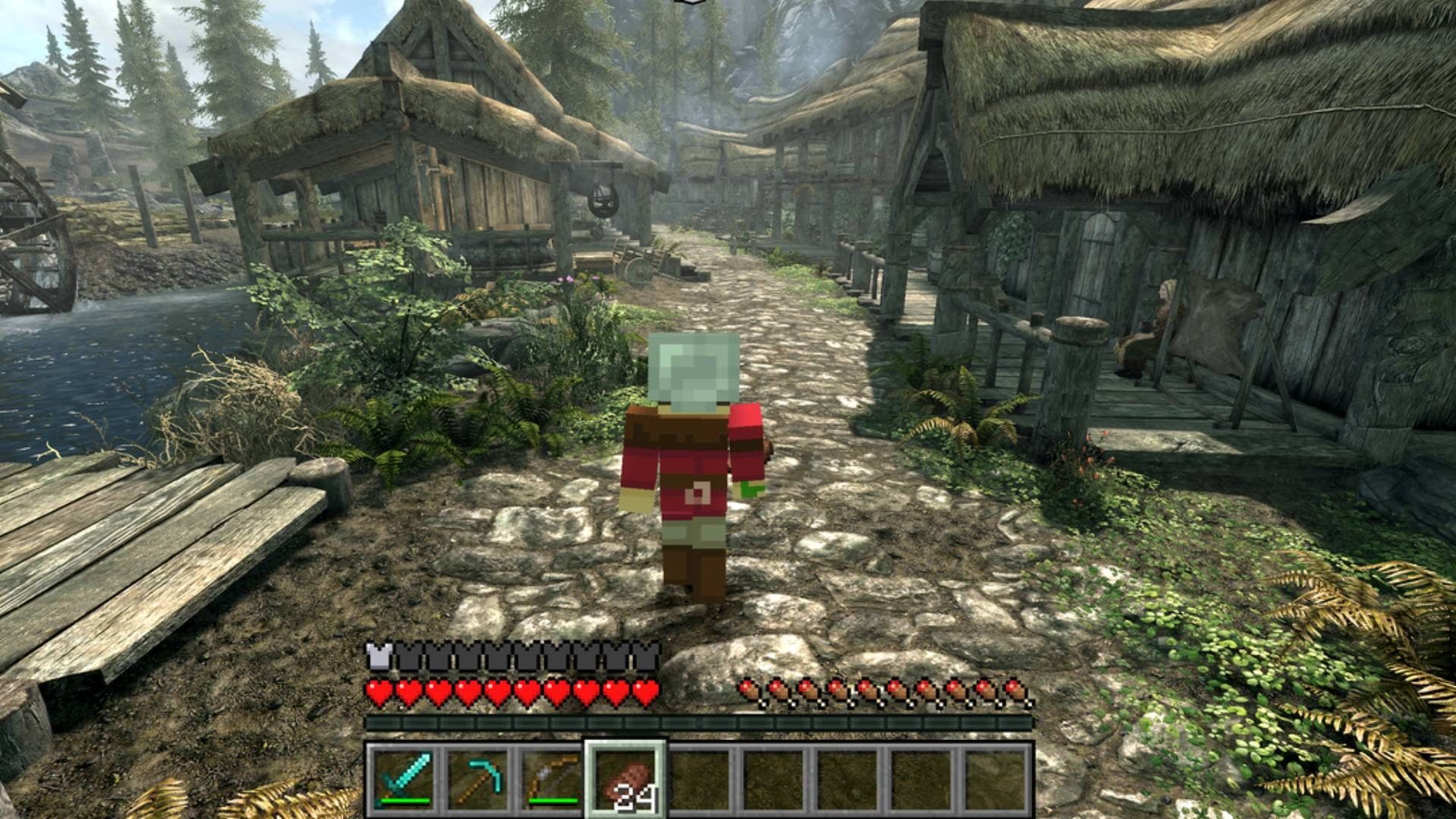 Eine Minecraft-Figur läuft durch Flusswald in Skyrim. Am unteren Bildrand sind die Herzen, die Hungeranzeige und das Inventar aus Minecraft zu sehen.