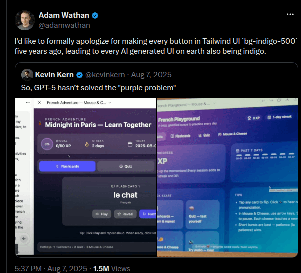 Adam Wathans Post, in dem er sich für bg-indigo-500 entschuldigt, zitiert von Kevin Kern mit zwei Screenshots violetter KI-generierter Interfaces und der Zeile: So, GPT-5 hasn't solved the purple problem
