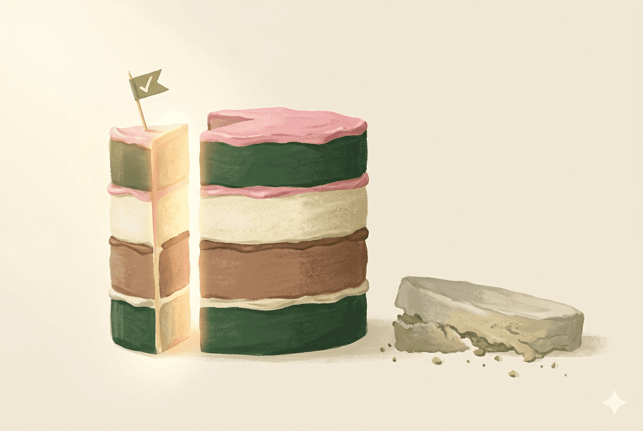 Eine Torte auf zwei Arten: ein dünnes vertikales Stück, sauber durch alle Schichten geschnitten und mit einem Fähnchen oben, neben einer einzelnen horizontalen Schicht, die allein herausgezogen ist und zerbröselt.