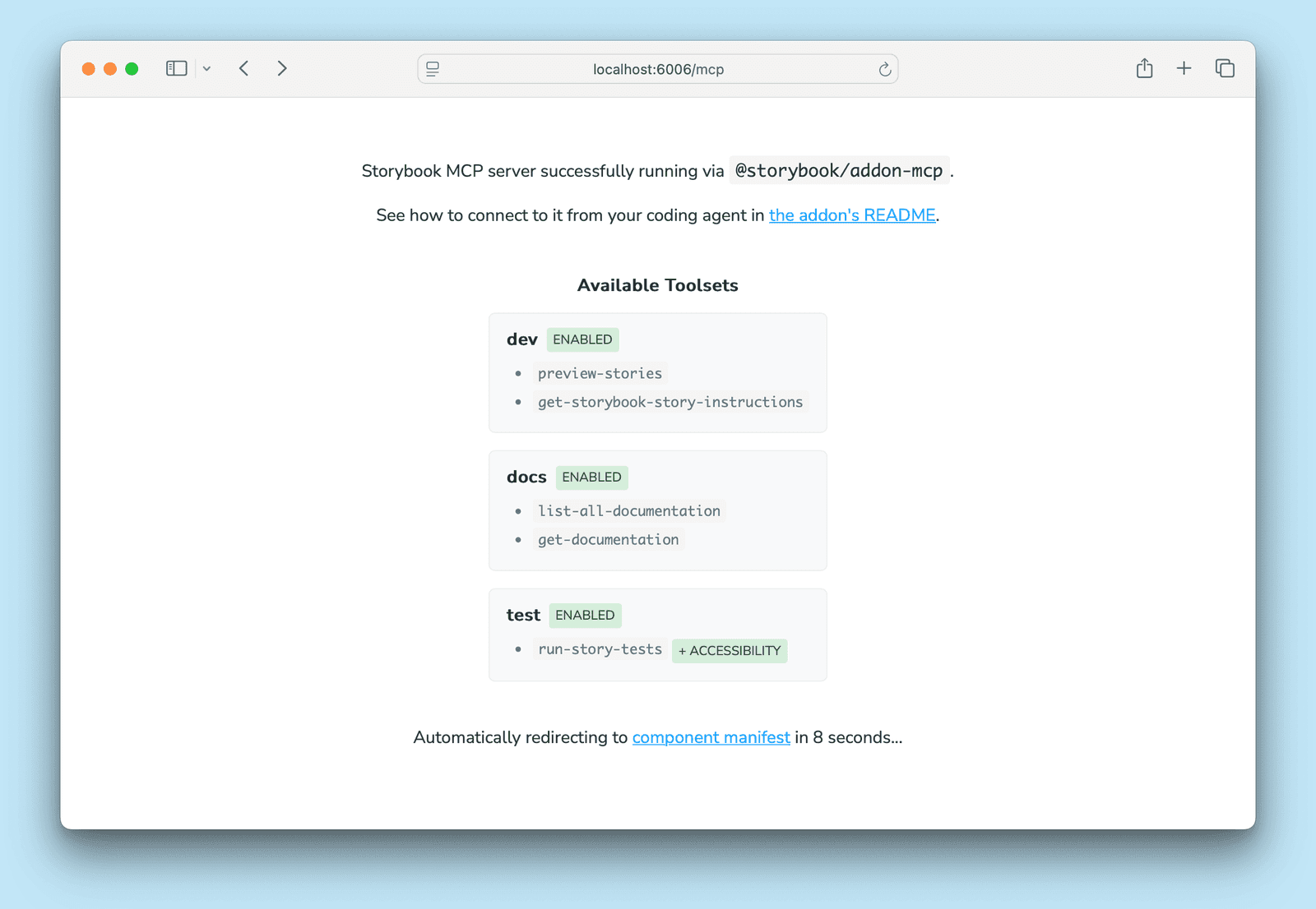 Die Storybook-MCP-Startseite mit den Werkzeugsätzen dev, docs und test und ihren Werkzeugen